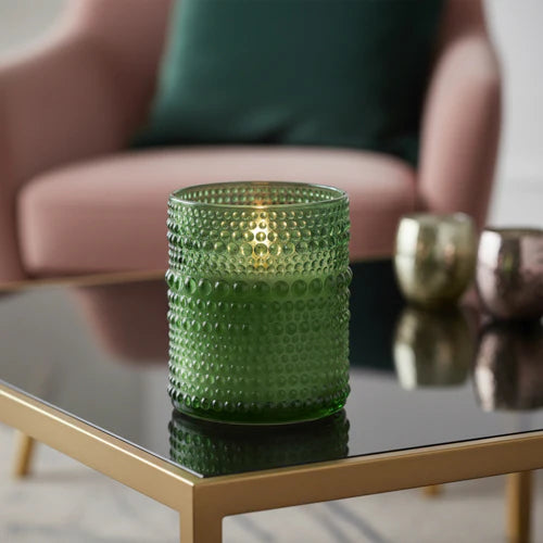 Olive Green LED Candle in Embossed Glass - 10cm - Home Deco London