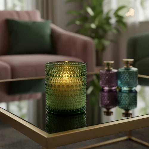 Olive Green LED Candle in Embossed Glass - 10cm - Home Deco London