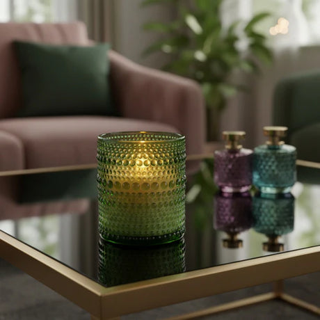 Olive Green LED Candle in Embossed Glass - 10cm - Home Deco London