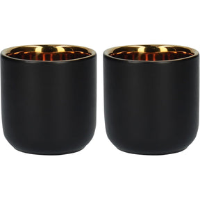 La Cafetière Double Walled Ceramic Espresso Mugs in matte black with gold interiors, perfect for serving espresso in style.