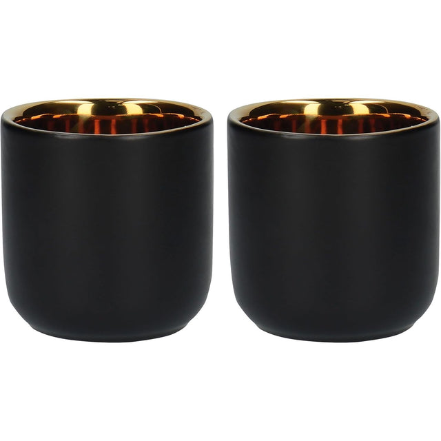 La Cafetière Double Walled Ceramic Espresso Mugs in matte black with gold interiors, perfect for serving espresso in style.