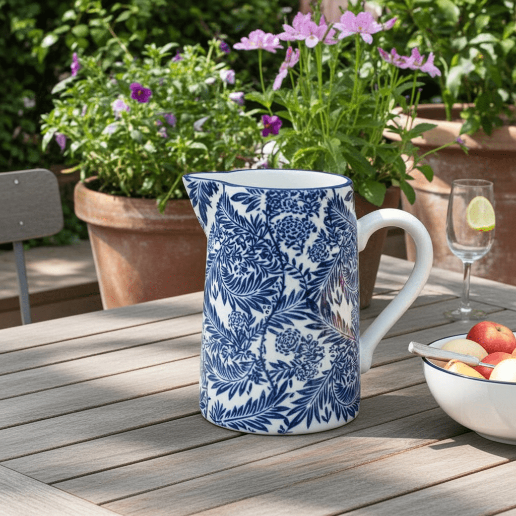 Large Blue Floral Ceramic Pitcher 23cm Jug - Home Deco London