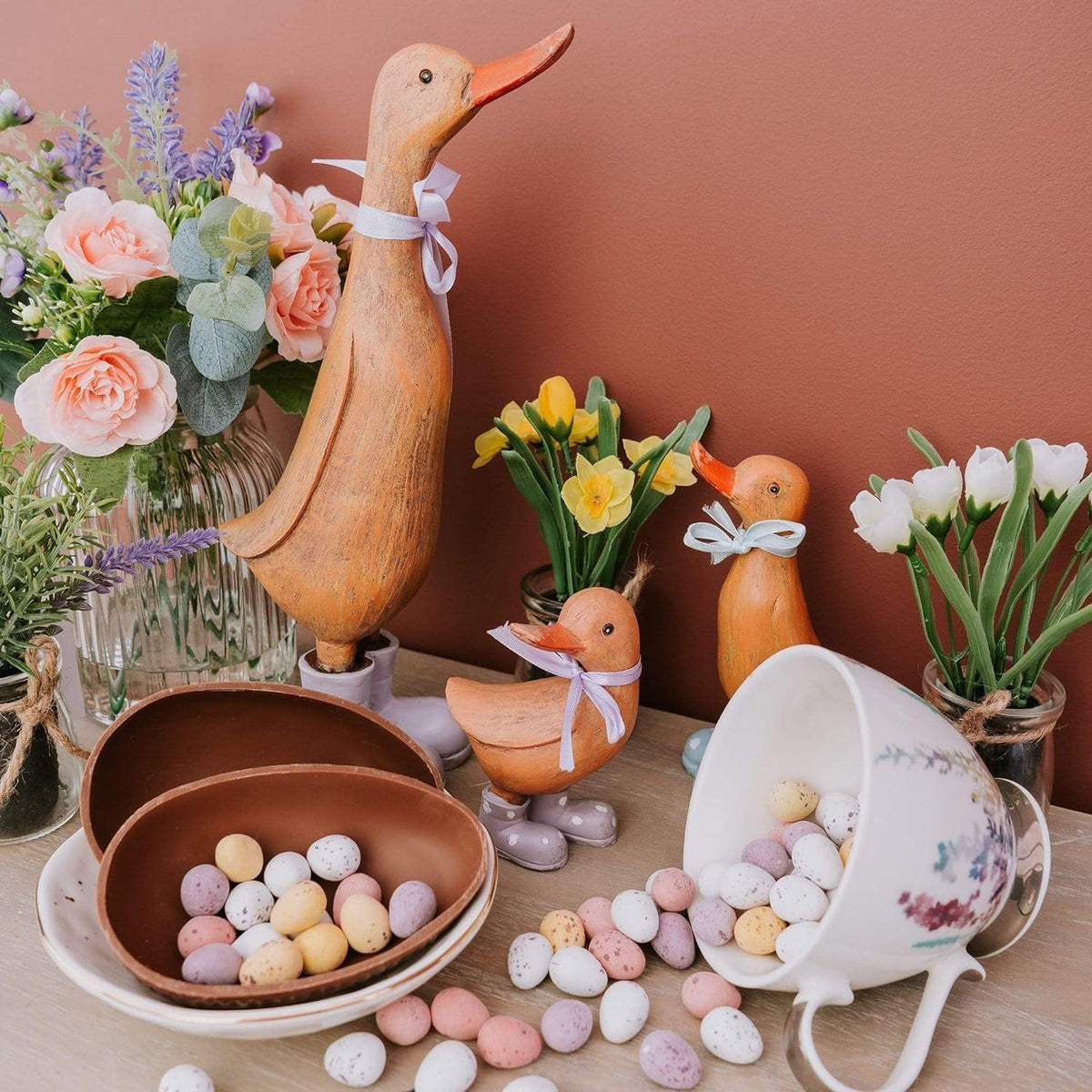 Rosie Large Oak Decorative Duck With Lilac Wellies - Home Deco London