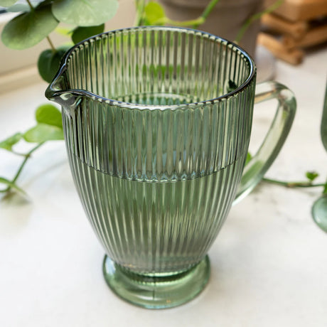 Vintage-Inspired Large Ribbed Water Jug in Green Glass - Home Deco London