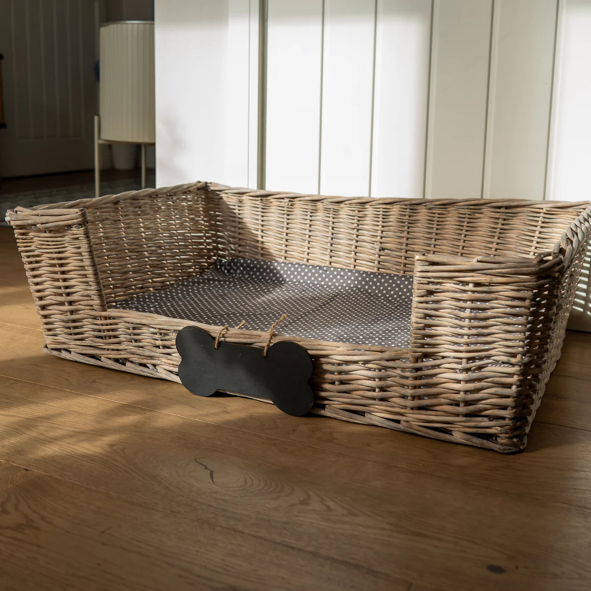 Stylish and luxurious Large Dog Basket with Padded Bed featuring chalk board personalisation in grey.