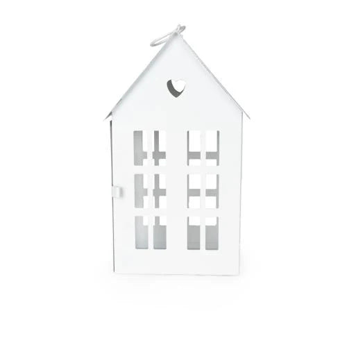 Side view of the 24cm Town House Lantern in White, a decorative metal lantern featuring heart-shaped cut out and elegant window panes.