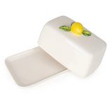 Lemon Ceramic Butter Dish White with the lid slightly open, showcasing its elegant design and hand-painted lemon motif.