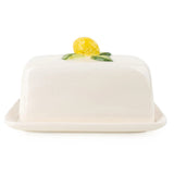 Lemon Ceramic Butter Dish White shown from the front, highlighting the vibrant lemon artwork and smooth white finish.