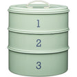 Living Nostalgia 3-Tier Airtight Metal Cake Storage Tin in English Sage, perfect for storing cakes, cupcakes, and biscuits.
