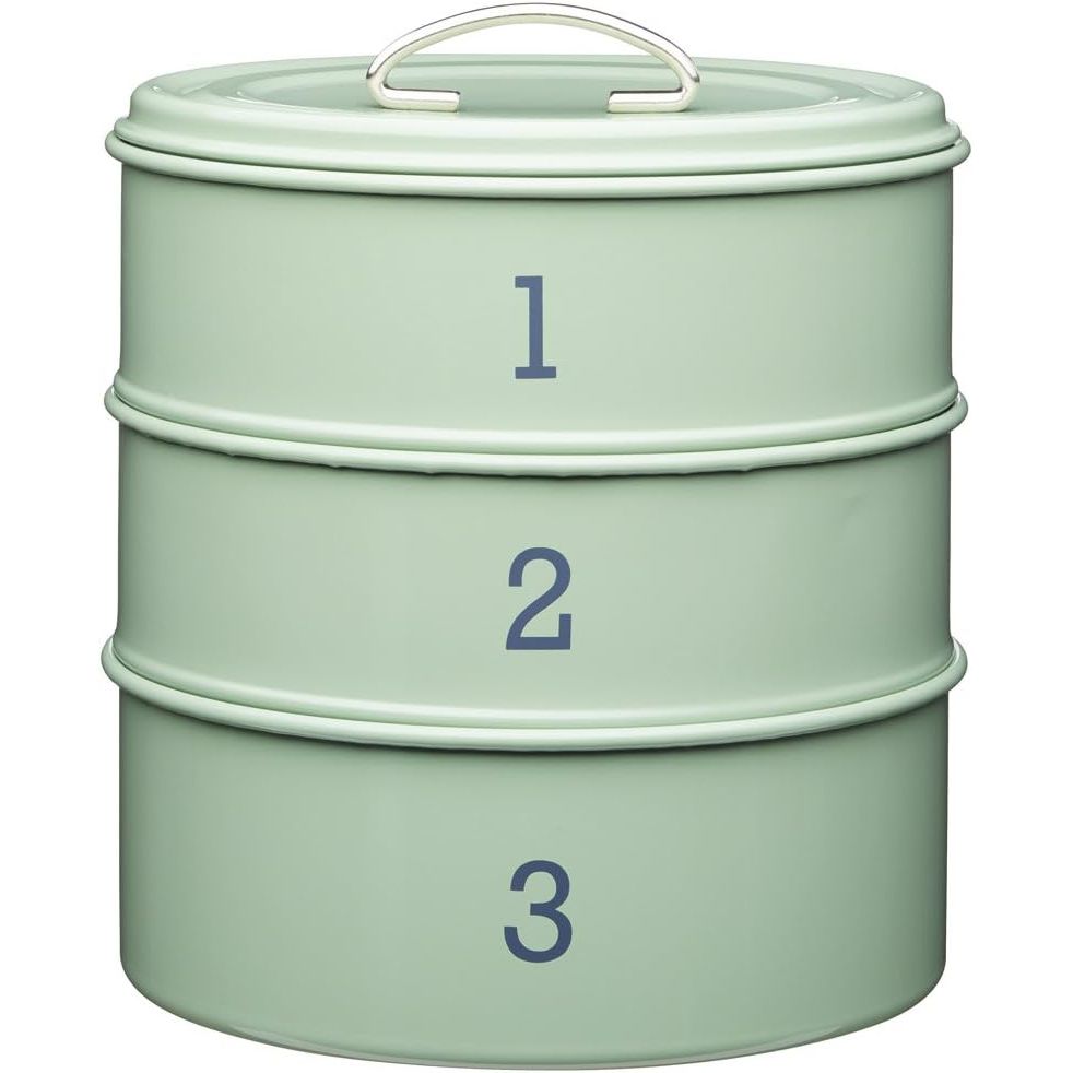 Living Nostalgia 3-Tier Airtight Metal Cake Storage Tin in English Sage, perfect for storing cakes, cupcakes, and biscuits.