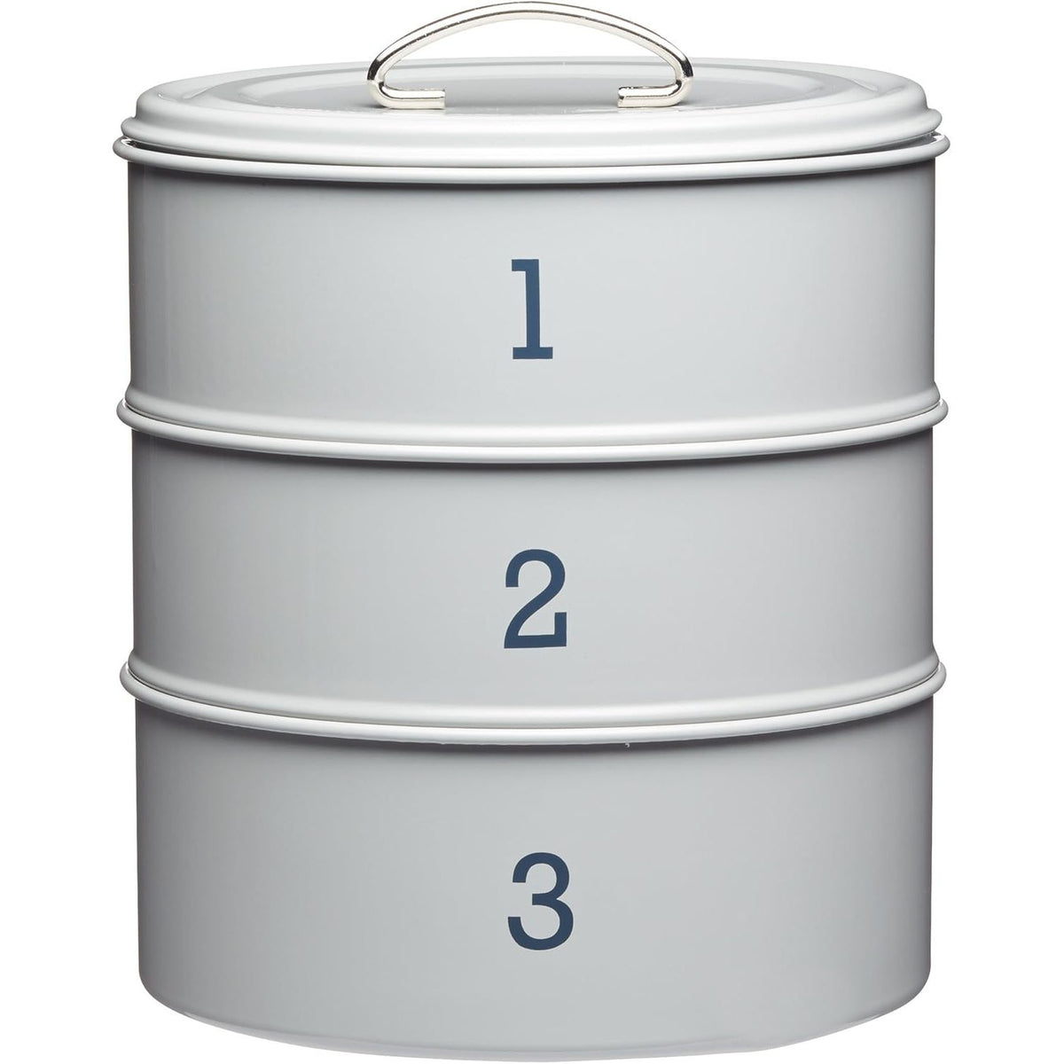 Living Nostalgia 3-Tier Metal Cake Storage Tin in French Grey, ideal for keeping your bakes fresh and stylish.