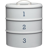 Living Nostalgia 3-Tier Metal Cake Storage Tin in French Grey, ideal for keeping your bakes fresh and stylish.