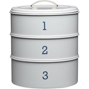 Living Nostalgia 3-Tier Metal Cake Storage Tin in French Grey, ideal for keeping your bakes fresh and stylish.
