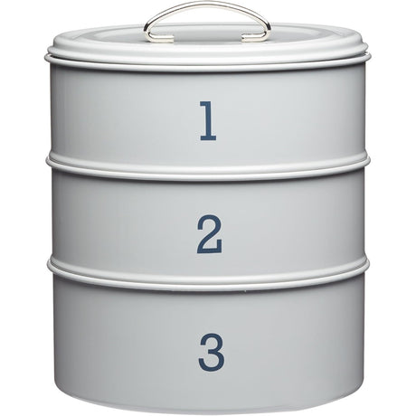 Living Nostalgia 3-Tier Metal Cake Storage Tin in French Grey, ideal for keeping your bakes fresh and stylish.
