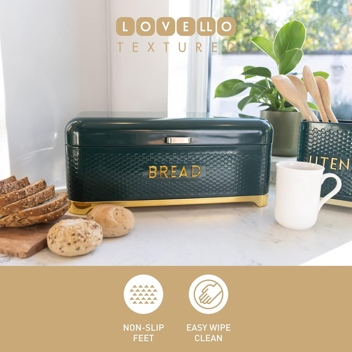 Lovello Large Bread Bin with Lid Hunter Green & Gold - Home Deco London