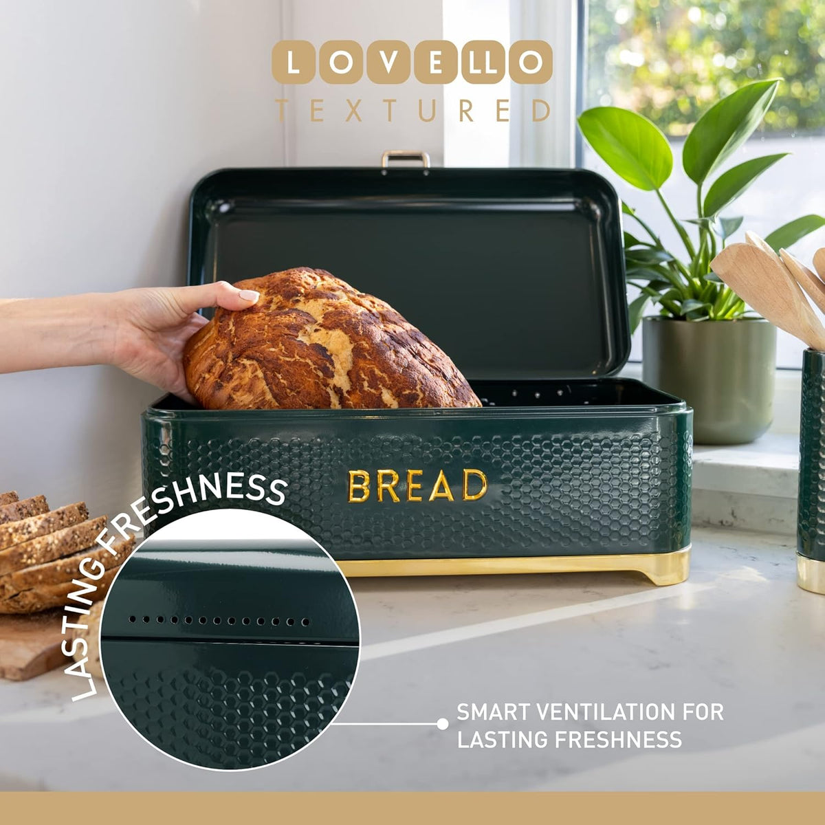 Lovello Large Bread Bin with Lid Hunter Green & Gold - Home Deco London