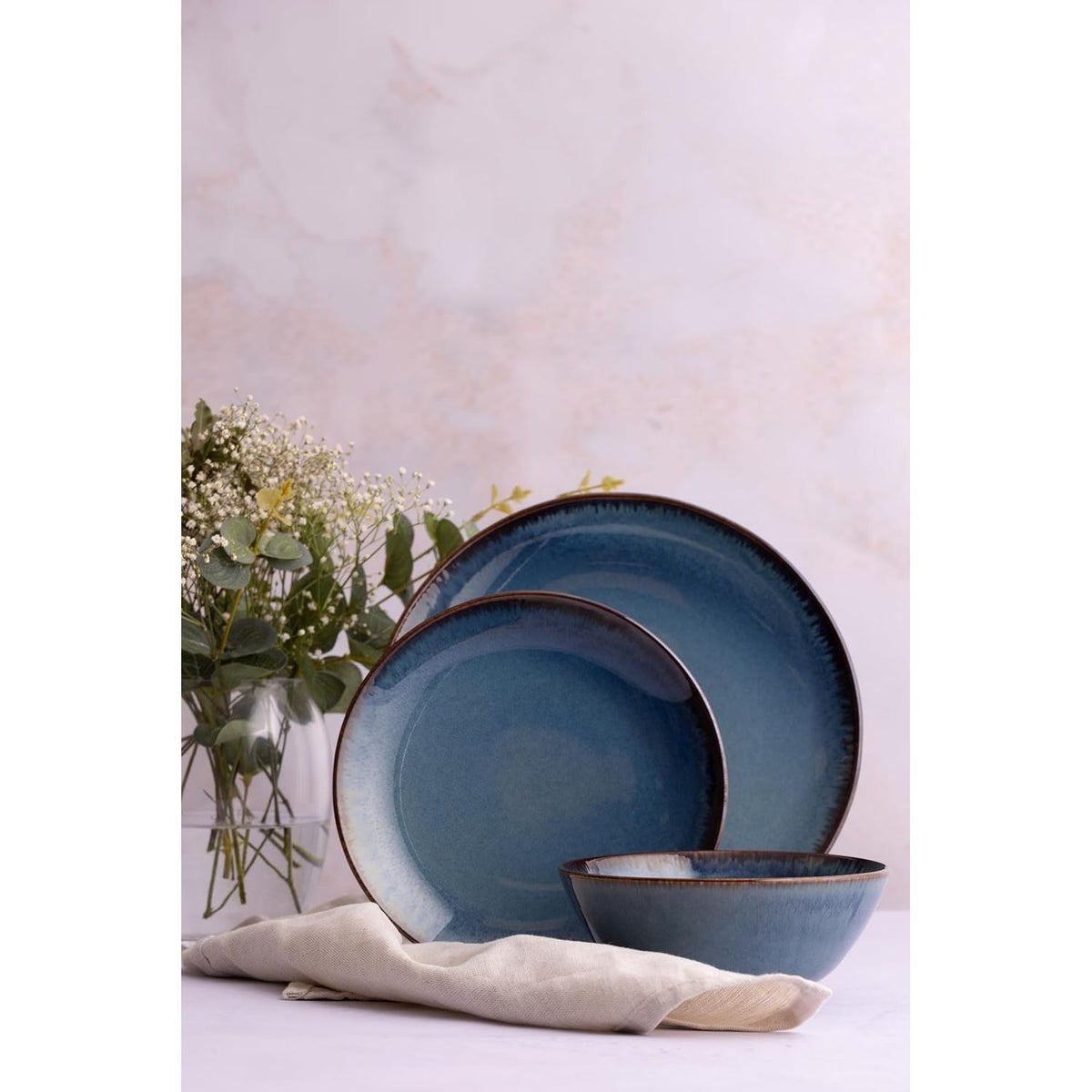 Mason Cash 12-Piece Stoneware Dinner Set in Reactive Blue - Home Deco London