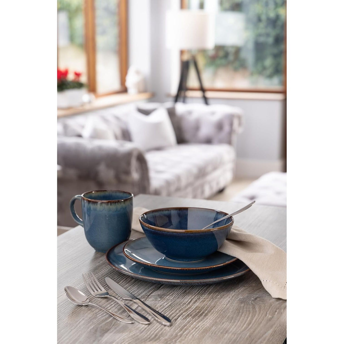 Mason Cash 12-Piece Stoneware Dinner Set in Reactive Blue - Home Deco London