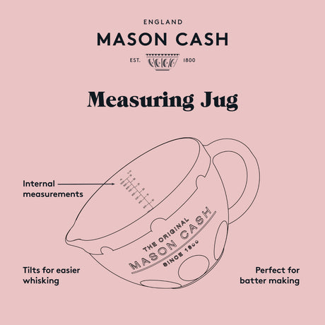 Side view of Mason Cash Innovative Kitchen 1 L Measuring Jug, Off-White, showcasing its tilted design for easier mixing with this stoneware measuring jug.