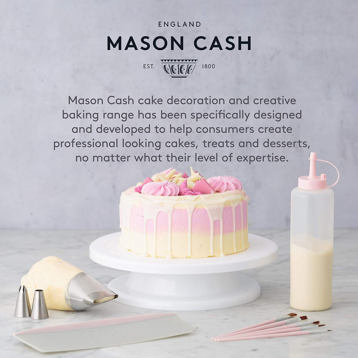 Side profile of Mason Cash Round Cake Caddy, highlighting its convenient carry handle, a dependable cake storage container.