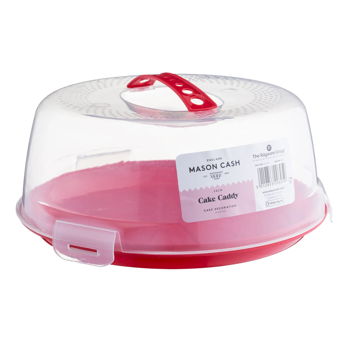 Mason Cash Round Cake Caddy displayed with exquisite baked goods, a must-have cake storage container for bakers and enthusiasts alike.