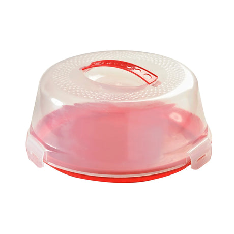 Mason Cash Round Cake Caddy with Lid and Carry Handle in Red, perfect cake storage container for transporting and serving baked goods.