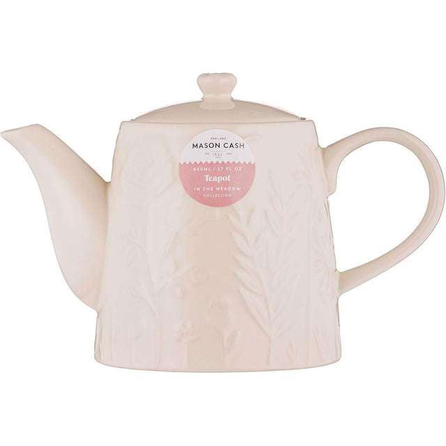 Mason Cash in The Meadow Teapot 800ml, featuring an elegant embossed floral design. A durable stoneware teapot perfect for brewing tea.