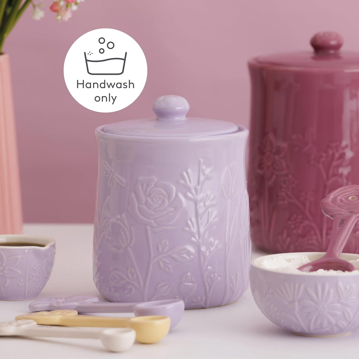 Mason Cash In the Meadow Small Storage Jar 800ml, handwashing reminder, emphasizing its durability as a kitchen storage jar.