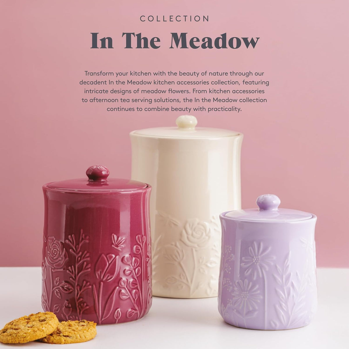Mason Cash In the Meadow Small Storage Jar 800ml with other jars, illustrating the collection and its function as a decorative kitchen storage jar.