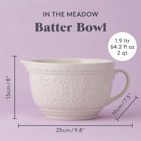 Dimensions of the Mason Cash in The Meadow Batter Bowl displayed with a light purple background, highlighting its 1.9 litre capacity, perfect for mixing and baking.