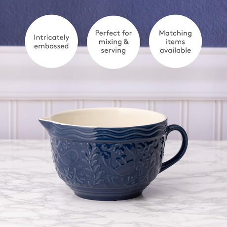 Close-up of the Mason Cash Nautical Batter Bowl, showcasing its beautifully embossed design, ideal as a blue batter bowl for mixing and serving.