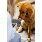Mason Cash Reactive Paw Large Dog Bowl tilted to show the debossed paw motif, a feature of this attractive stoneware pet bowl.