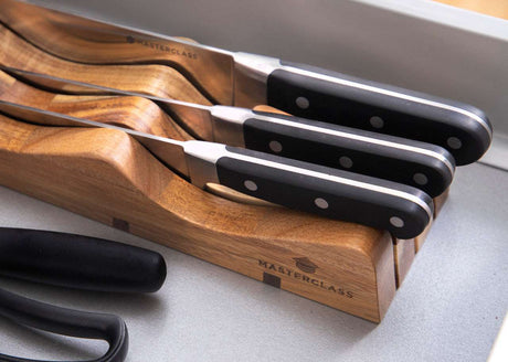 Elegant presentation of the MasterClass In-Drawer Knife Storage Block, a stylish solution for drawer knife storage.