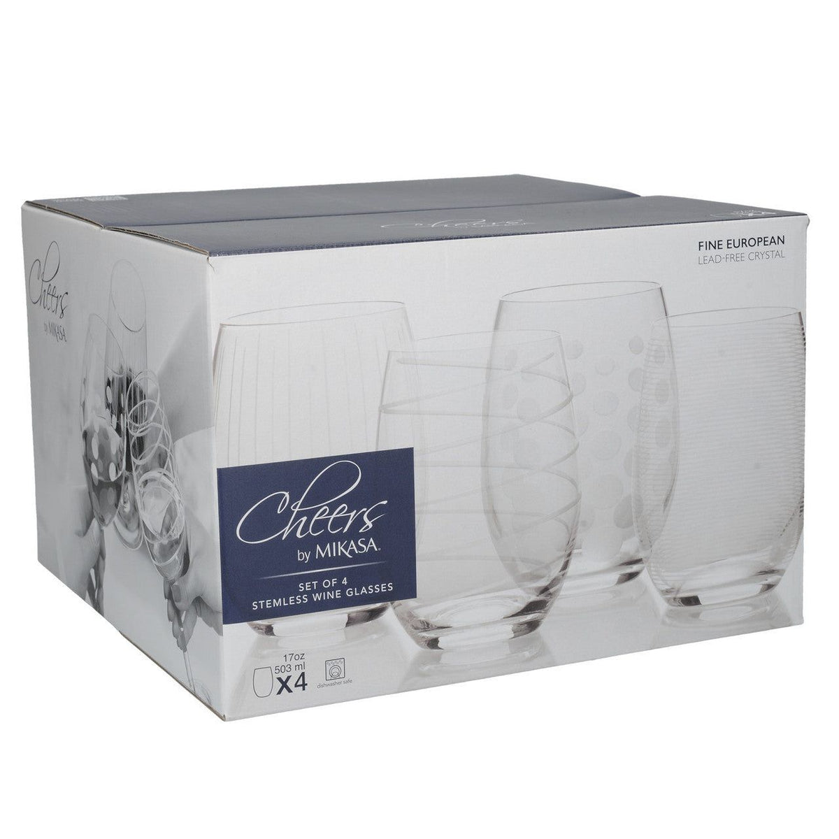 Mikasa Cheers Set of 4 Etched Stemless Wine Glasses - Home Deco London
