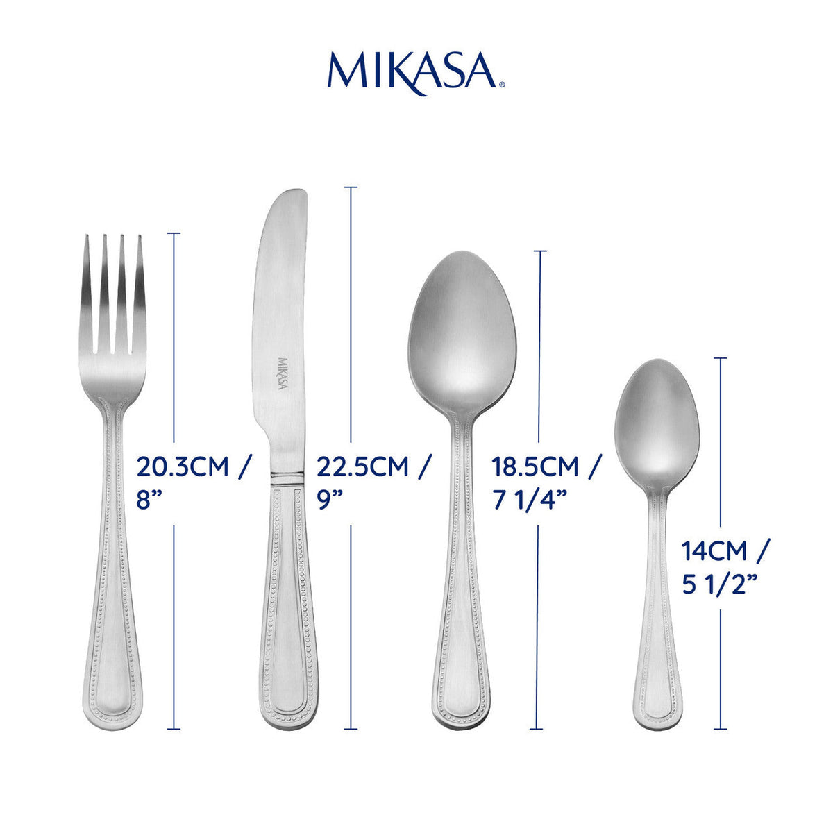 Mikasa Portobello Stainless Steel Cutlery Set, 16 Piece beautifully laid out with forks, knives, dessert spoons, and teaspoons.