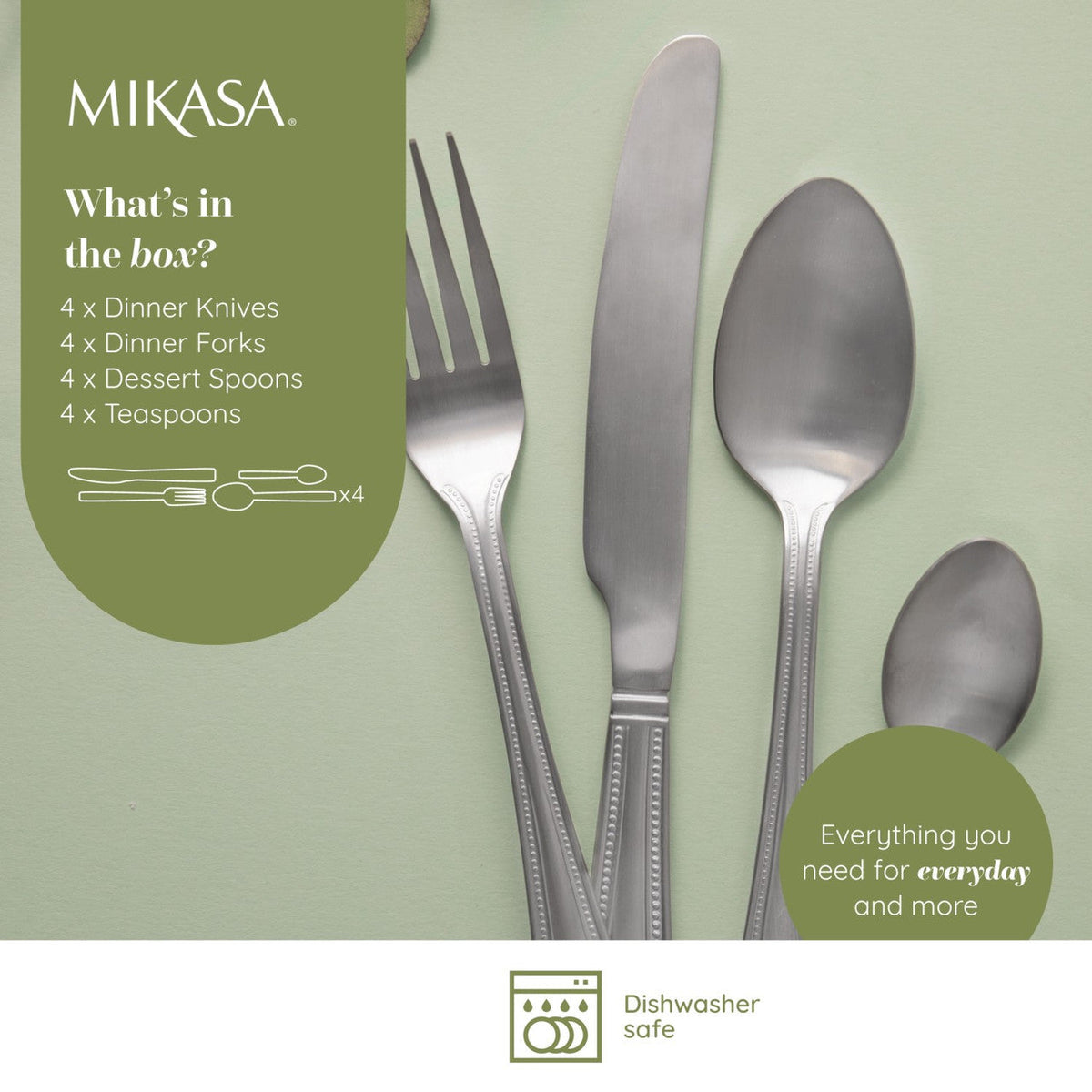 Image of the Mikasa Portobello Stainless Steel Cutlery Set, 16 Piece highlighting its rust-resistant 18/0 stainless steel material.