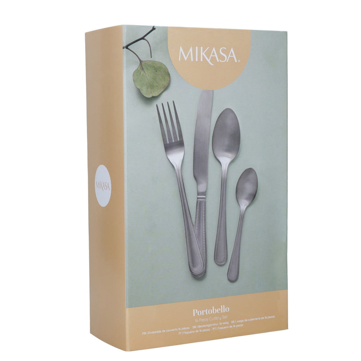 Mikasa Portobello Stainless Steel Cutlery Set, 16 Piece with a 20-year guarantee tag presenting quality craftsmanship.