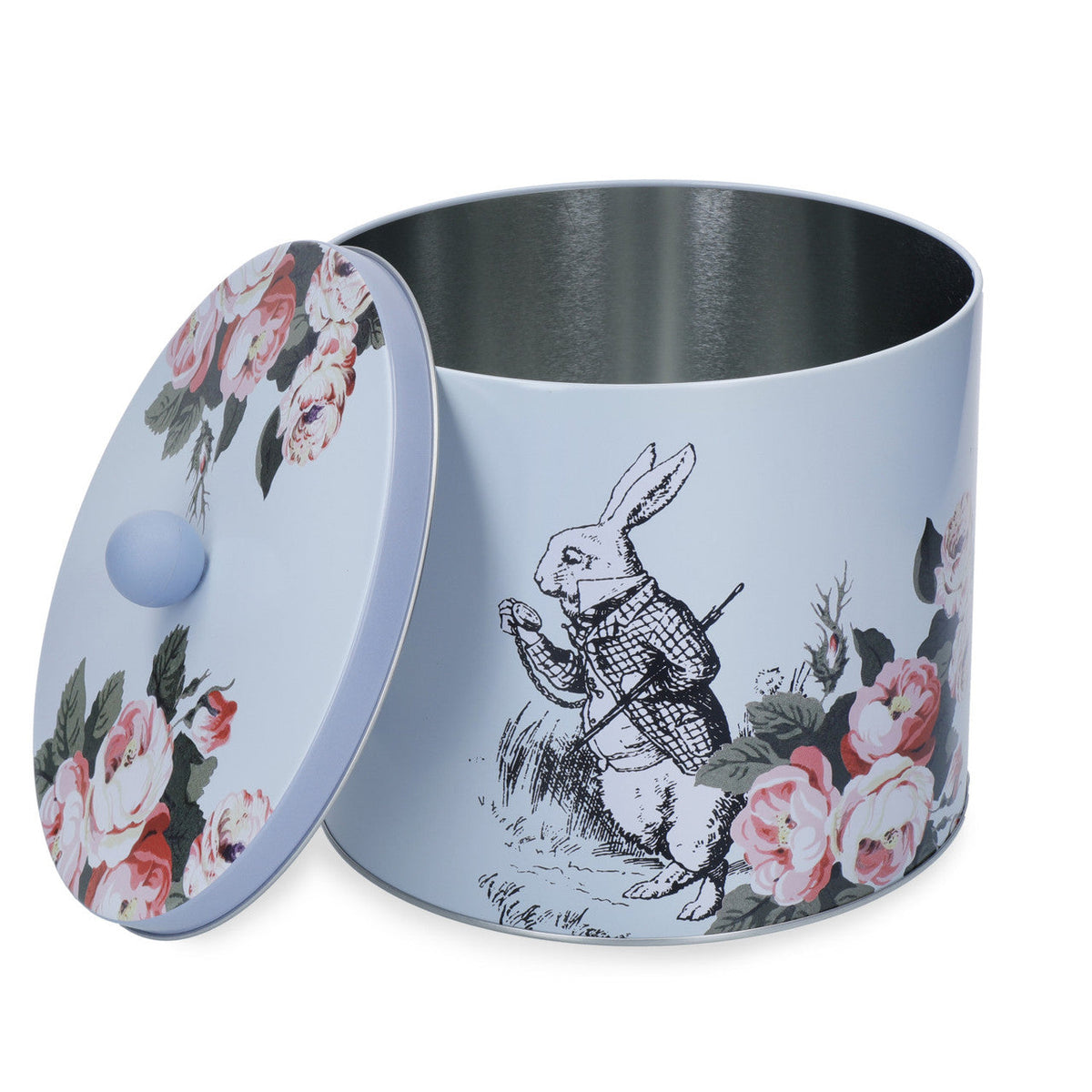 Mikasa and V&A Alice In Wonderland Biscuit Tin displayed on a wooden table, ideal for afternoon tea.