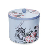 Top view of the Mikasa and V&A Alice In Wonderland Biscuit Tin with secure lid and vibrant designs.