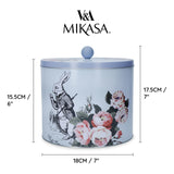 Close-up of the Mikasa and V&A Alice In Wonderland Biscuit Tin showing detailed designs and elegant knob handle.