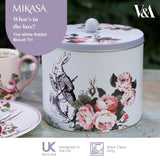 Mikasa and the V&A Alice In Wonderland Biscuit Tin against a bright background, perfect for cookies.