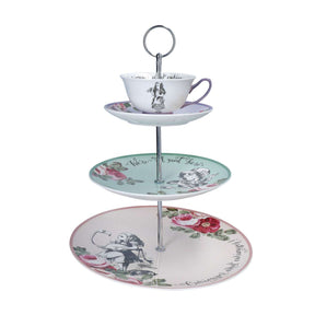Mikasa and the V&A Alice In Wonderland Bone China 3-Tier Cake Stand featuring whimsical illustrations ideal for afternoon tea.