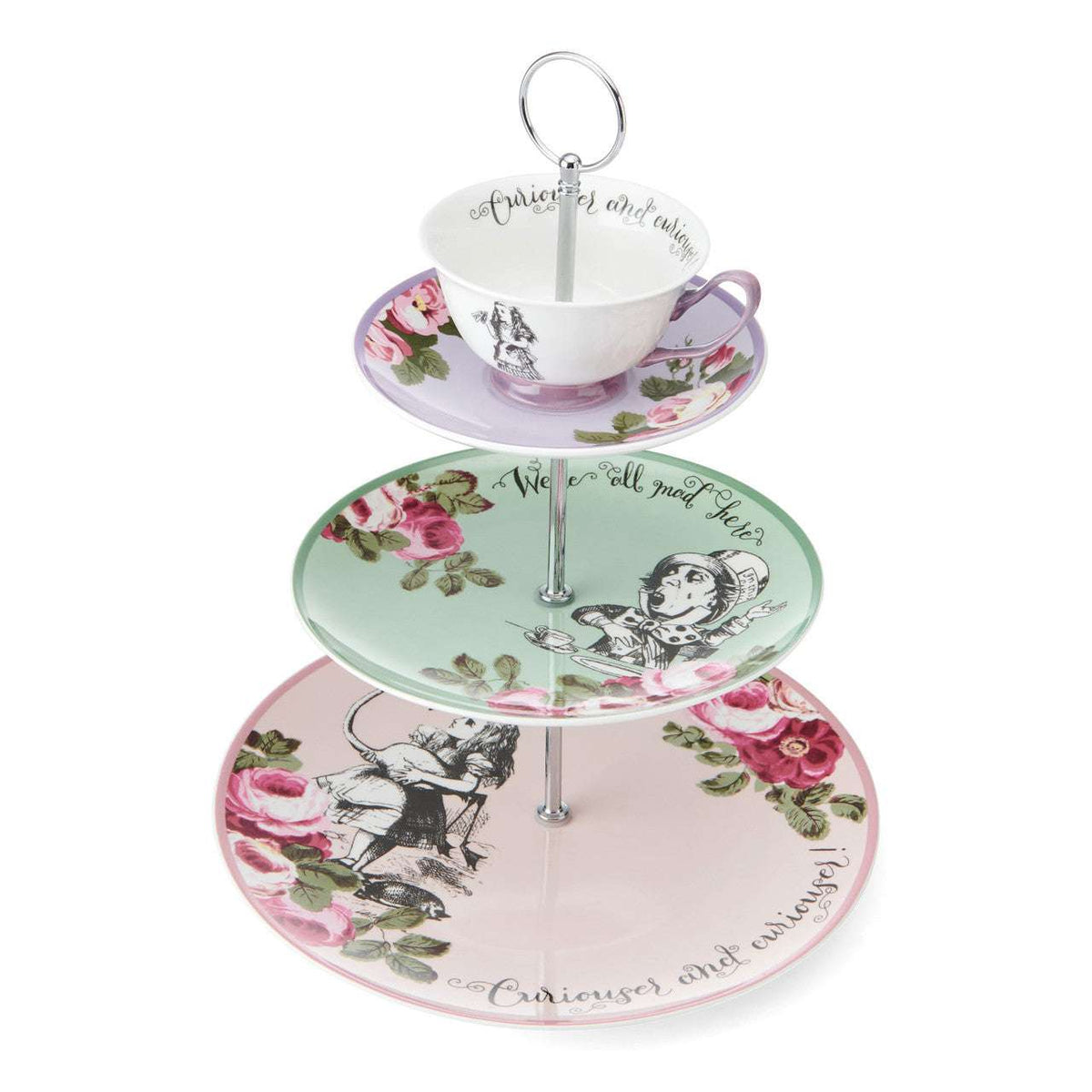 Mikasa and V&A Alice In Wonderland 3-Tier Cake Stand with a charming teacup atop the design.