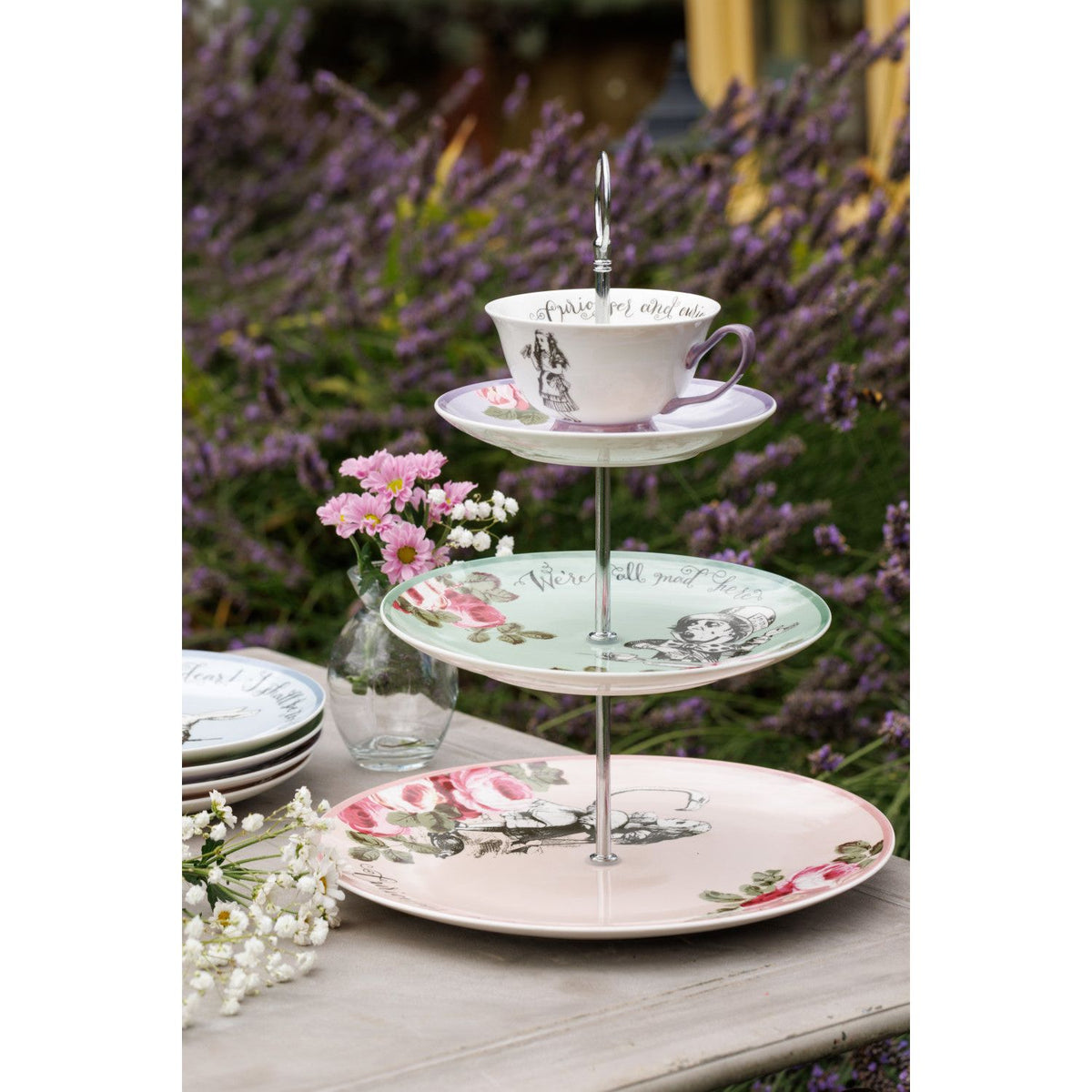Beautifully arranged dessert display on the Mikasa and V&A Alice In Wonderland 3-Tier Cake Stand.