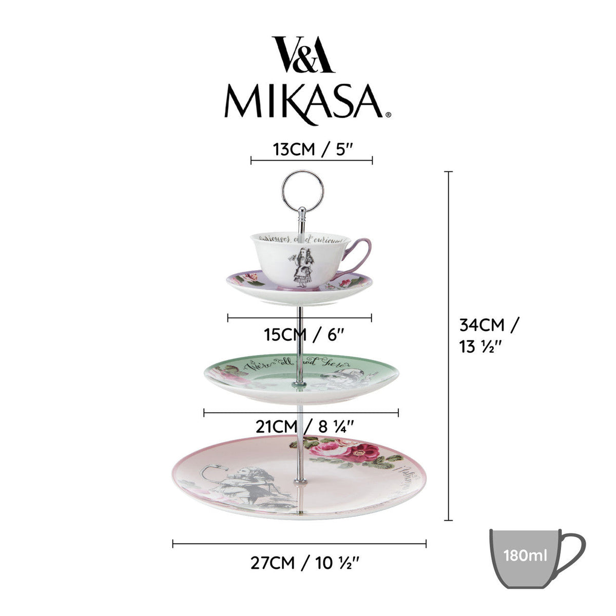 Elegant Mikasa and V&A Alice In Wonderland Bone China 3-Tier Cake Stand set for a delightful tea party.