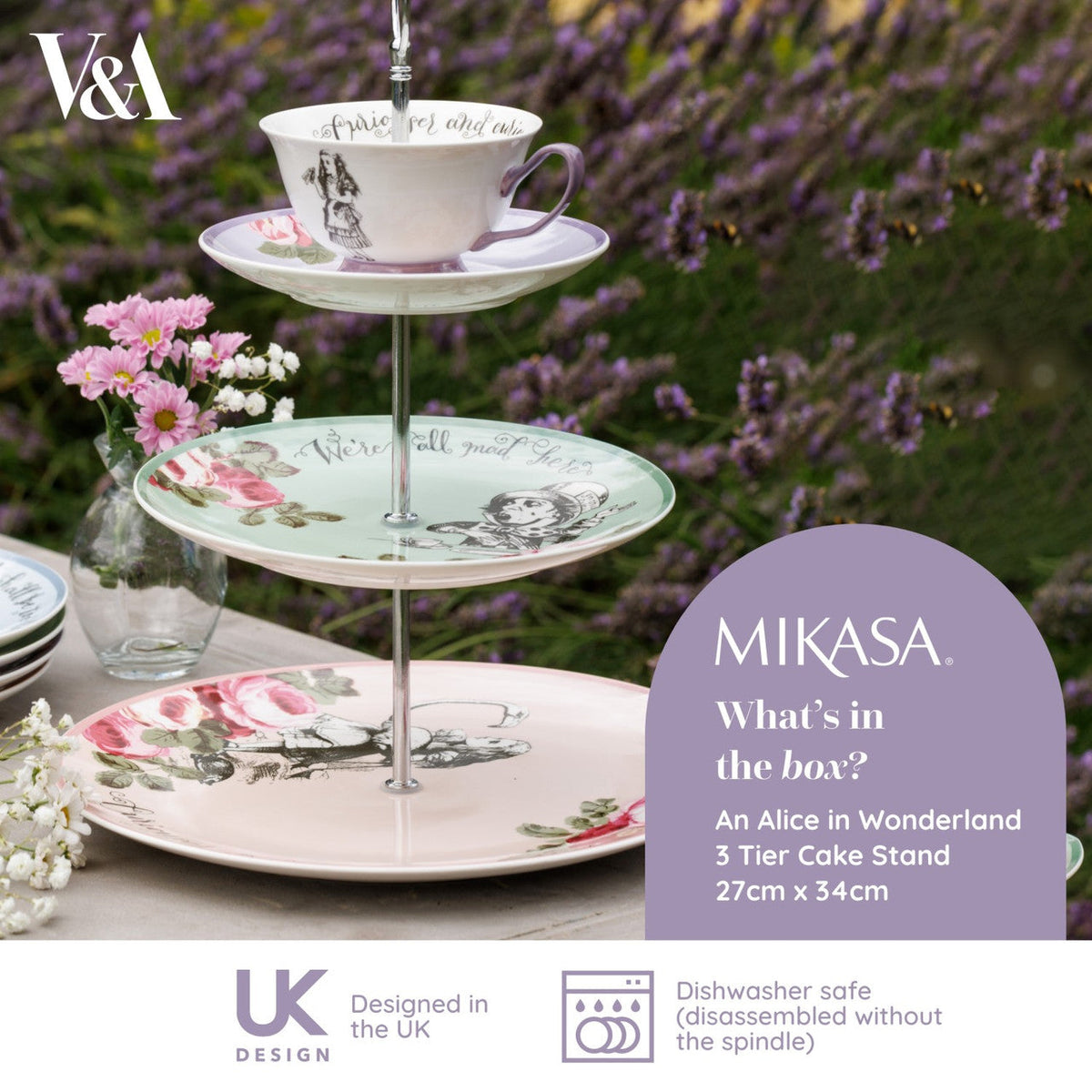 Close-up view of the Mikasa and V&A Alice In Wonderland 3-Tier Cake Stand showcasing the unique pastel designs.