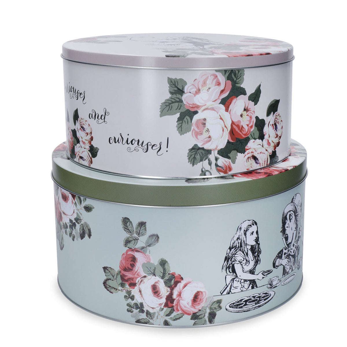 Mikasa and the V&A Alice In Wonderland Cake Tins, Set of 2 featuring whimsical illustrations perfect for any kitchen.