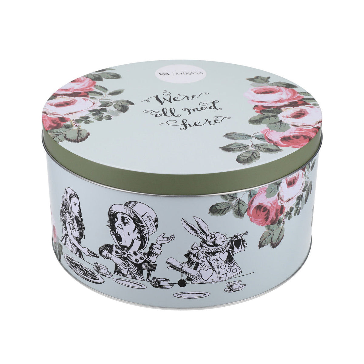 Stylish presentation of the Mikasa and V&A Alice In Wonderland Cake Tins set, showcasing their charming design for afternoon tea.
