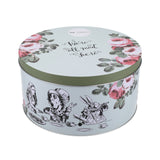 Stylish presentation of the Mikasa and V&A Alice In Wonderland Cake Tins set, showcasing their charming design for afternoon tea.