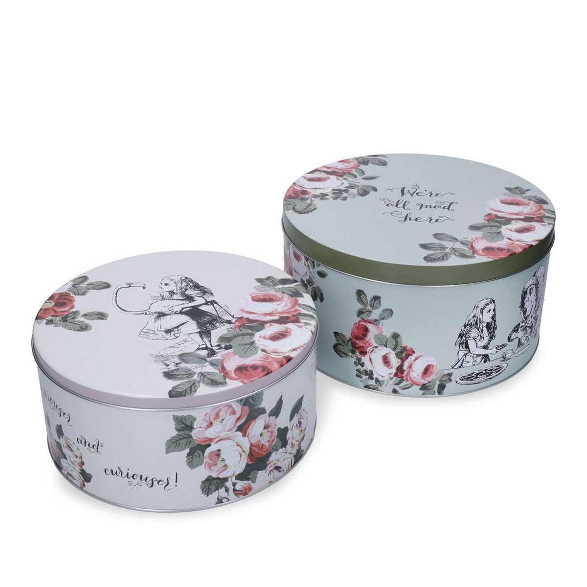The large Mikasa Alice In Wonderland Cake Tin shown with dimensions, perfect for storing large cakes or cookies.